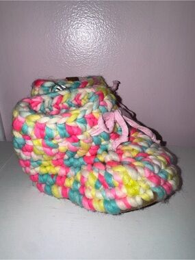 Handmade Multicolor Knit Kids Slipper Bootie - Pink Accent